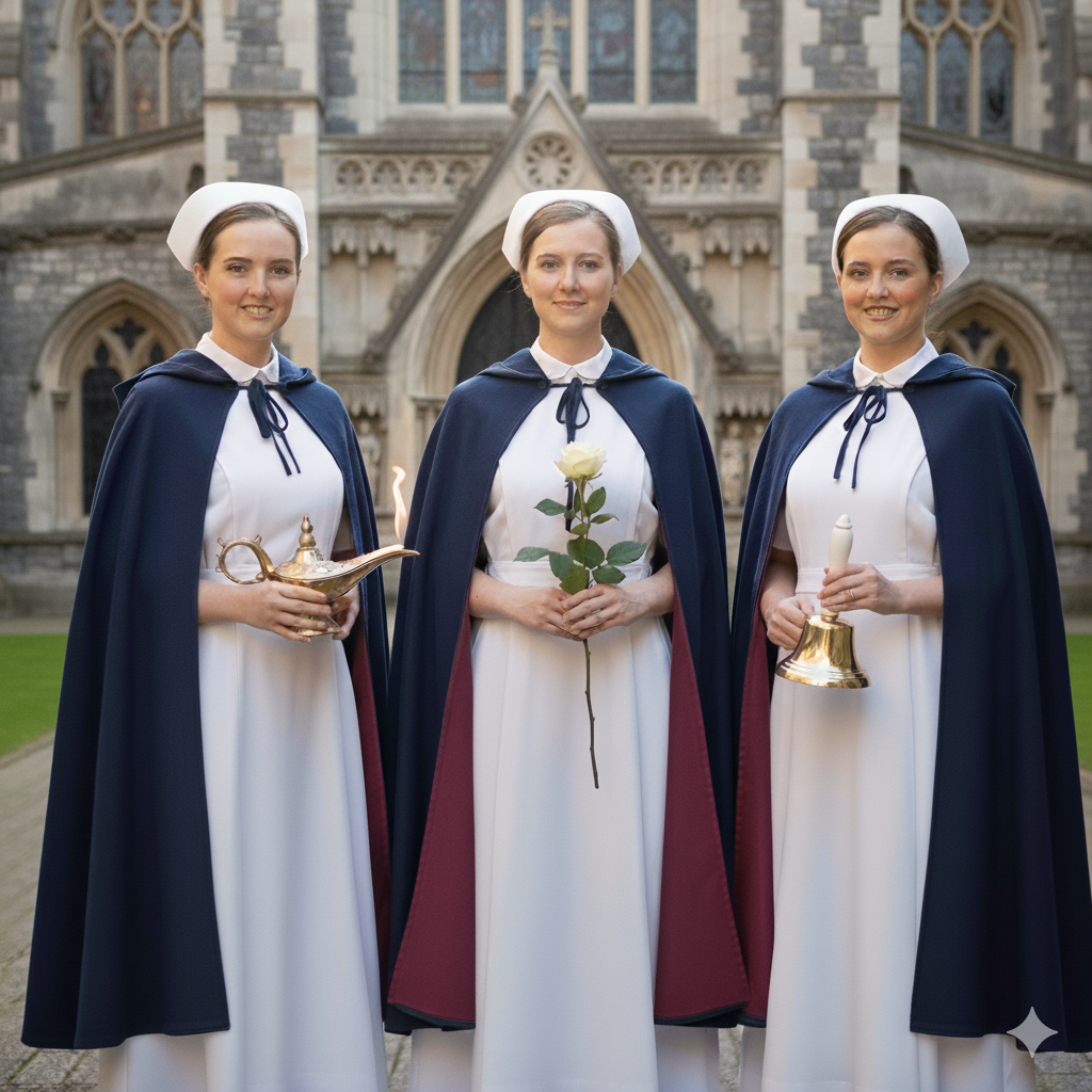 Nurse Honor Guard members holding lit lamps in ceremony at dusk