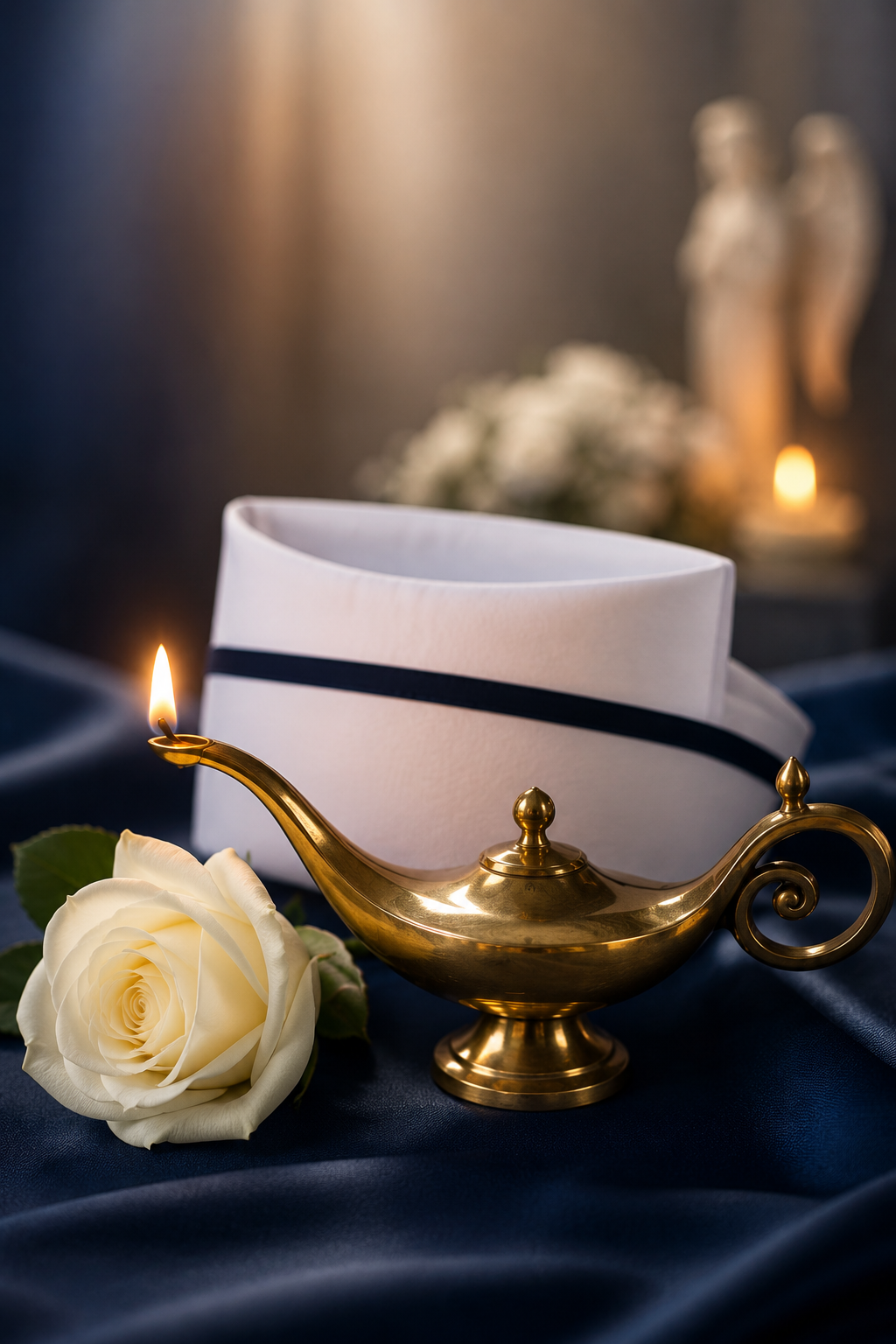 A white rose, nurse's cap, and oil lamp