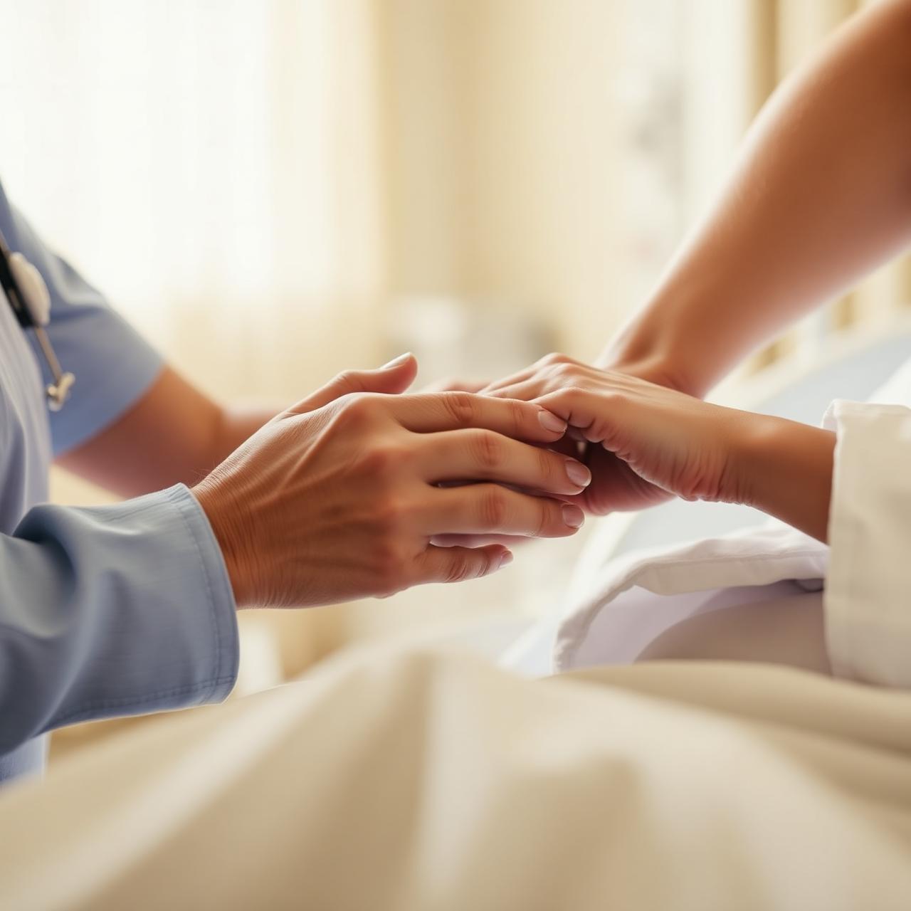 A nurse holding the hand of a patient